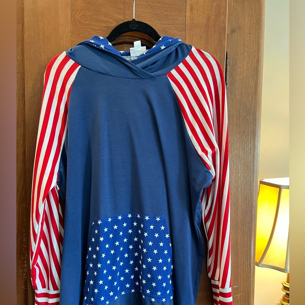 LuLaRoe Amber Blue Hoodie with Red Striped Sleeves